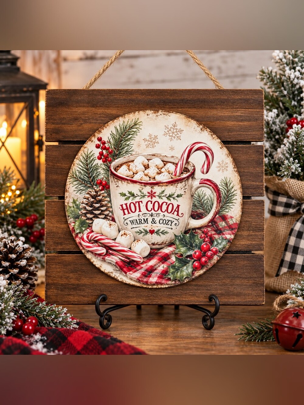 Hand Crafted Hot Cocoa Holiday Wall Plaque - Red & Green